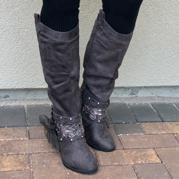 Boho Charcoal Grey Distressed Knee High Boots - Picture 7 of 8